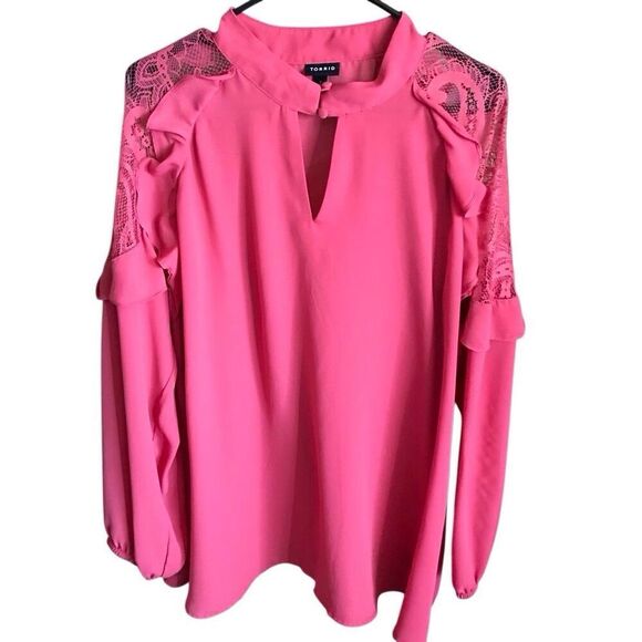torrid Tops - Torrid Long sleeve pink blouse top shirt SZ 2 = 2X semi sheer lace ruffles